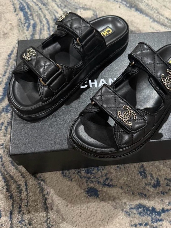 CHANEL Shoes - CHANEL Black Quilted Kids Slide Sandals with Gold CC Logos